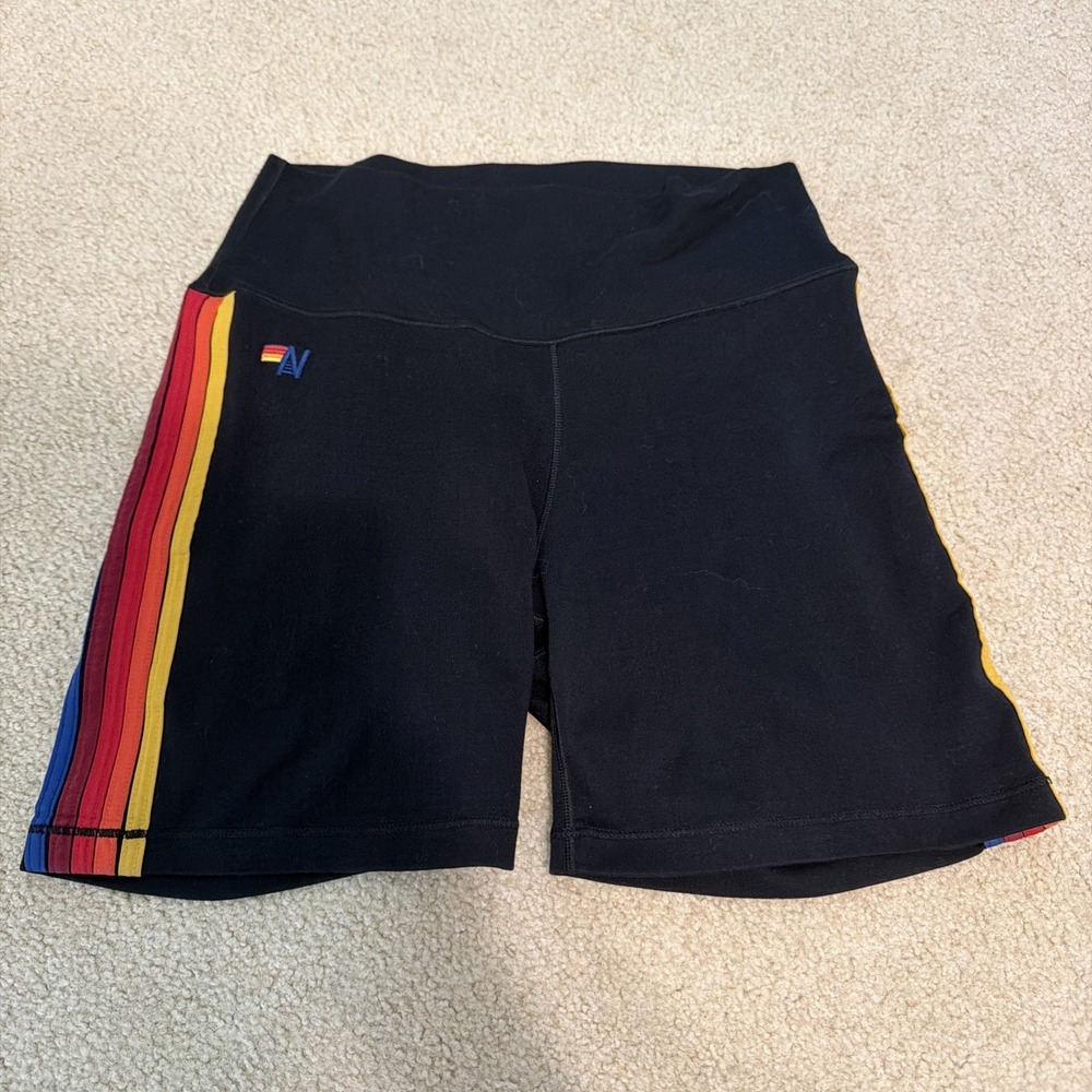 EUC AVIATOR NATION 5 Stripe Rainbow 4" High Rise Biker Short Women M BLACK $115 - Picture 6 of 10